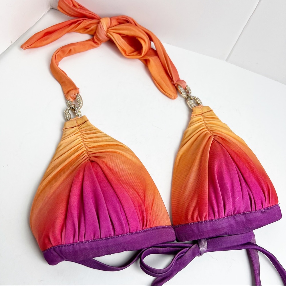 Gradient Orange-Pink Triangle Bikini Top with Purple Trim